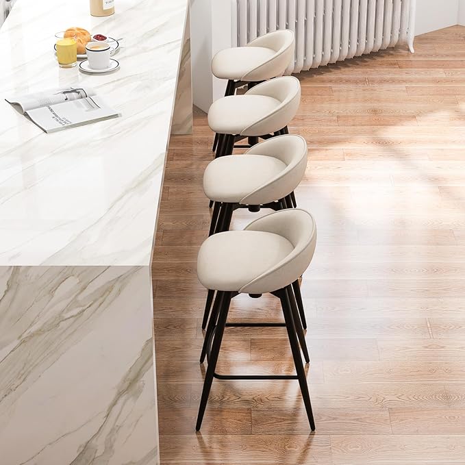COSTWAY Bar Stools Set of 4, 25" Upholstered Counter Height 360° Swivel Bar Stools w/Backrest & Footrest, Heavy-Duty Metal Frame Armless Breakfast Chairs for Kitchen, Living Room (Set of 4,Beige)
