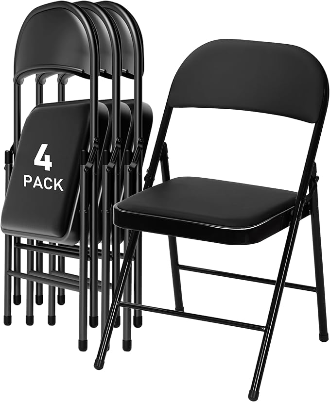 SEALAMB 4 Pack Black Folding Chairs with Padded Seats & Cushion, Durable Metal Foldable Chairs for Wedding Party, Commercial Chairs for Office School Church Events, 330lb Capacity (Black-PU, 4 Pack)
