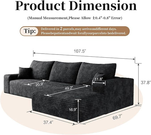 107.5" Cloud Modular Sectional Sofa with L-Shape Chaise, Modern Upholstered Couches for Living Room, Deep Seat Boneless Couch, No Assembly Required, Plush Corduroy Fabric (Black, Right Facing Chaise)