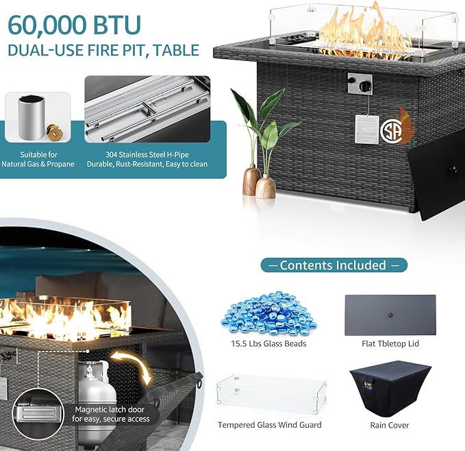 NICESOUL 13 Piece Outdoor Seating with Firepit, Comfortable Cozy Backyard Furniture with Fire Table and Lounge Chair, Modular Sectional Patio Sofas 500lbs Heavyduty with 10-Seat Group, Gray&Turquoise