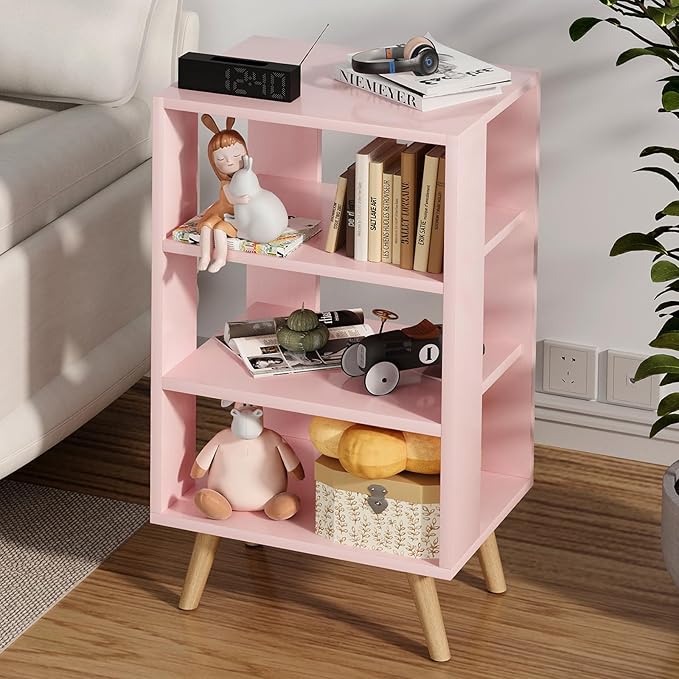 Night Stand, Pink Kids Nightstand, Modern End Table with Open Storage, 3-Tier Nursery Bedside Table for Small Space, Living Room, Bedroom