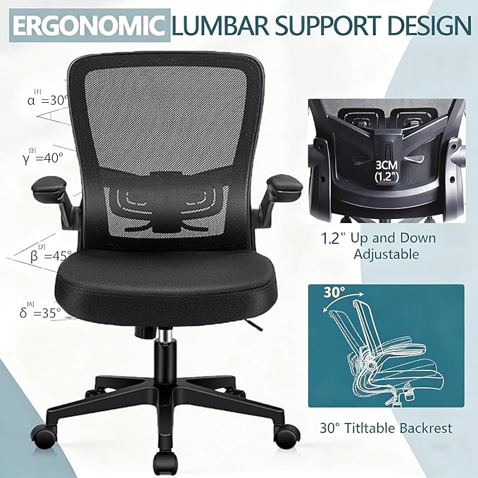 Desk Chairs with Wheels, Ergonomic Mesh Office Chair Adjustable Height and Swivel Lumbar Support Home Office Chair with Flip Up Armrests, Set of 2