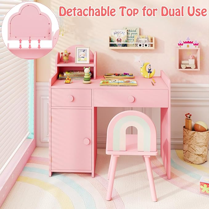 HONEY JOY Kids Vanity, Cloud Shape Wooden Girls Vanity Set with Mirror and Stool, Drawers, Storage Cabinet, Toddler Makeup Desk Dressing Table, Pretend Play Kids Vanity Table and Chair Set (Pink)