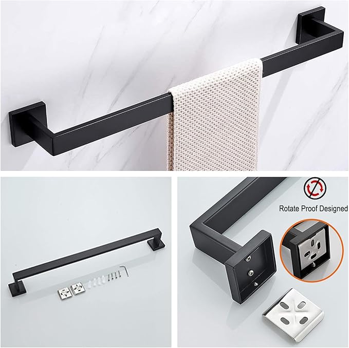 Bathroom Hardware Set Bathroom Accessories Set SUS304 Towel Bar Set Includes Towel Bar Inch+Towel Holder+Toilet Paper Holder+Towel Hook (10, Matte Black-Paper Holer with Cover)
