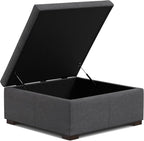 SIMPLIHOME Gabbie 36 inch Wide Contemporary Square Square Coffee Table Storage Ottoman in Slate Grey Polyester Linen, Assembled, for The Living Room, Entryway and Family Room