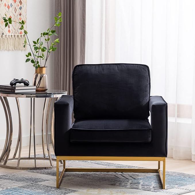 Modern Accent Chair Set of 2, Velvet Upholstered Side Chair with Backrest, Comfy Armchair Side Chair with Golden Metal Base for Living Room Reception Room, Black