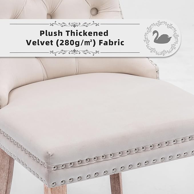 Velvet Upholstered Dining Chairs Set of 4, Modern Style Kitchen Side Chairs with Nailhead Trim and Wood Legs,Metal Pulling Ring for Dining Room Living Room(Beige,Set of 4)