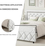 BarnFurin King Size Bed Frame and Headboard, Faux Leather Upholstered Bed with Diamond Tufted Design, Modern Platform Bed Frame with Wooden Slats Support, No Box Spring Required, Easy Assembly, White