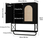 RUSTOWN Rattan Bathroom Wall Cabinet, Boho Over The Toilet Storage Cabinet with Arched Rattan Doors, Modern Medicine Cabinet with Adjustable Shelves & Towel Bar (Black, Medium)