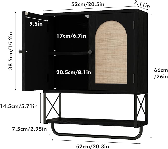 RUSTOWN Rattan Bathroom Wall Cabinet, Boho Over The Toilet Storage Cabinet with Arched Rattan Doors, Modern Medicine Cabinet with Adjustable Shelves & Towel Bar (Black, Medium)