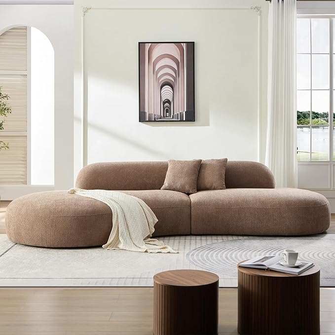 135.4" Curved Sofa Couch Modern Oversized 6-Seat Round Boucle Sectional Sofa Couch with Chaise & Pillows for Living Room Apartment Furniture,No Assembly Needed (Camel-Left-Facing)