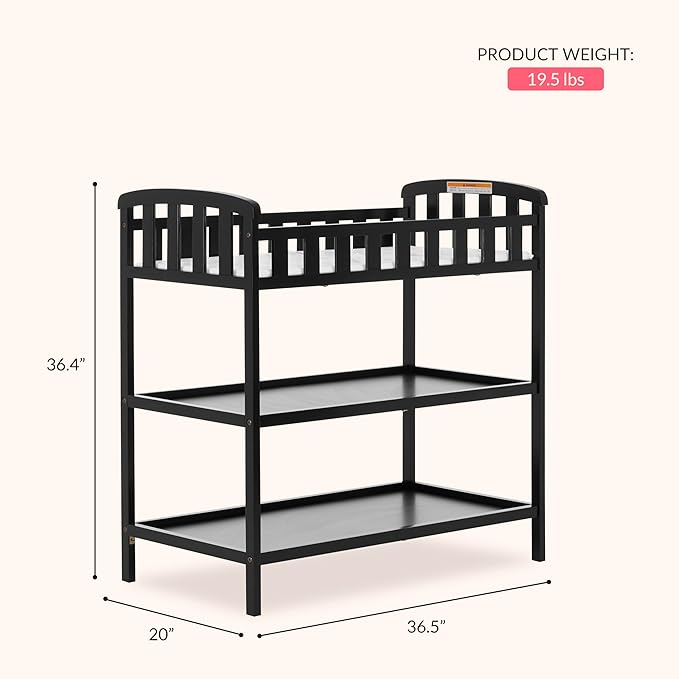 Dream On Me Emily Changing Table In Black, Comes With 1" Changing Pad, Features Two Shelves, Portable Changing Station, Made Of Sustainable New Zealand Pinewood