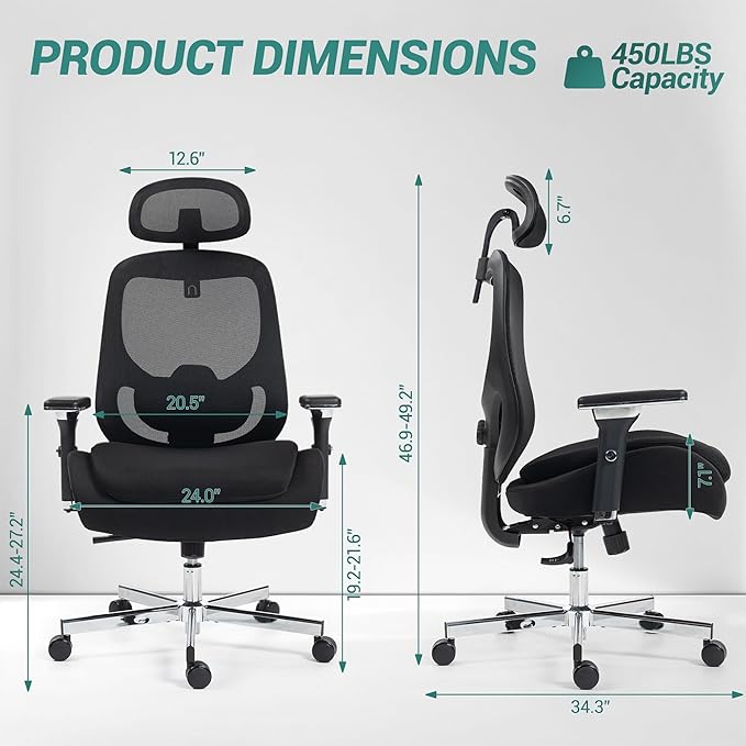 Big and Tall Executive Office Chair, Ergonomic Comfy Mesh Desk Chair with 4D Arms & Extra Wide Seat, Adjustable Headrest & Lumbar Support, 750LBS Capacity, Black