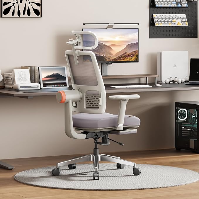 Newtral Office Chair Ergonomic with Footrest, Auto-Following Lumbar Support, High Back Desk Chair with 4D Armrest,136° Tilt Lock, Adjustable Seat Depth & Height (Supreme, Grey)