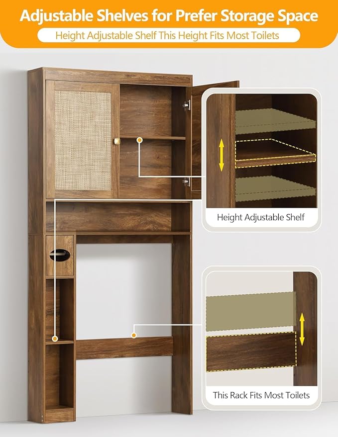 Over The Toilet Storage Cabinet, Over Toilet Bathroom Organizer with Double Doors and Adjustable Shelf, Freestanding Home Space Save Toilet Rack (Rustic Brown, Double Doors)