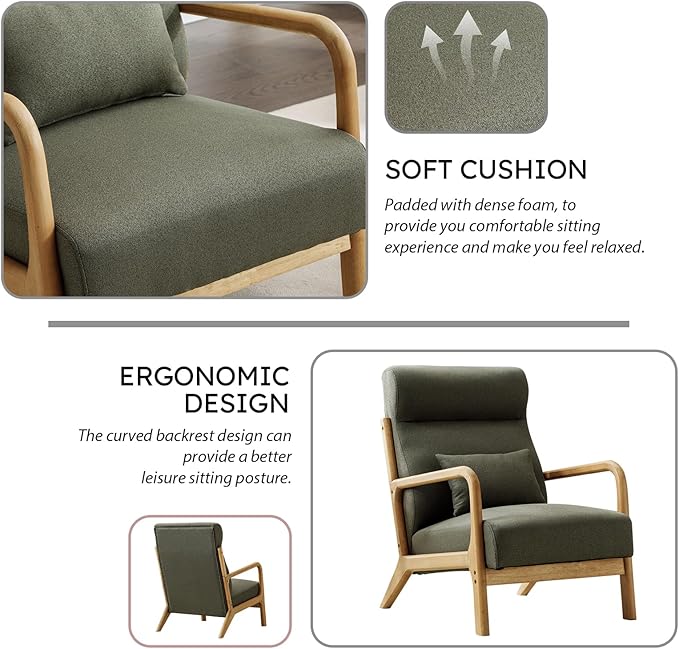 Accent Chair Mid Century Modern Chair Linen Fabric Living Room Chairs with Solid Wood Frame Comfy Upholstered and Lumbar Pillow Reading Side Chair Easy Assembly for Bedroom (1, Green)
