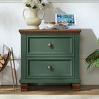 Farmhouse Nightstand with Charging Station, Rustic Low Night Stand with 2 Drawers, Mid-century Modern End Table with 4 Square Solid Wood Legs, Small Vintage Dresser for Bedroom, Home, Green