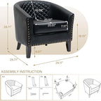 Pia Ricco Faux Leather Barrel Accent Chair, Modern Club Arm Chair Comfy Upholstered Single Sofa Chair with Solid Wood Legs and Nailhead Trim for Living Room/Reading Room, Black