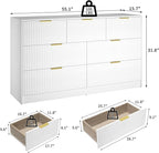 White 7 Drawer Dresser for Bedroom, 55” Wide Fluted Dresser with Gold Handles, Modern Chest of Drawer for Bedroom, Closet, Living Room, Entryway, Hallway, White