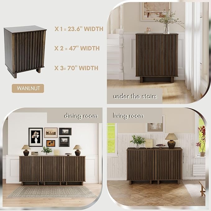 Sideboard Buffet Cabinet with Storage, Walnut Freestanding Floor Cabinet Farmhouse Sideboard with 2 Fluted Doors Wooden Hallway Cabinet Media Console Table Credenza for Living Room Dining Room, 2PCS