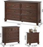 Farmhouse Bedroom Dresser and Nightstand Set of 4, 6 Drawer Low & 5 Drawers Dresser & 3 Drawer Nightstand Set with Wooden Legs, Rustic Wood Bedroom Furniture for Livingroom, Hallway, Walnut