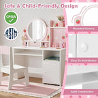 JOYLDIAS Kids Vanity with Lights, Pink Girls Makeup Vanity with Open Bookshelf, Storage Cabinet & Shelves, 2 in 1 Toddler Vanity Desk and Chair Set, Dressing Table for Kids 3+