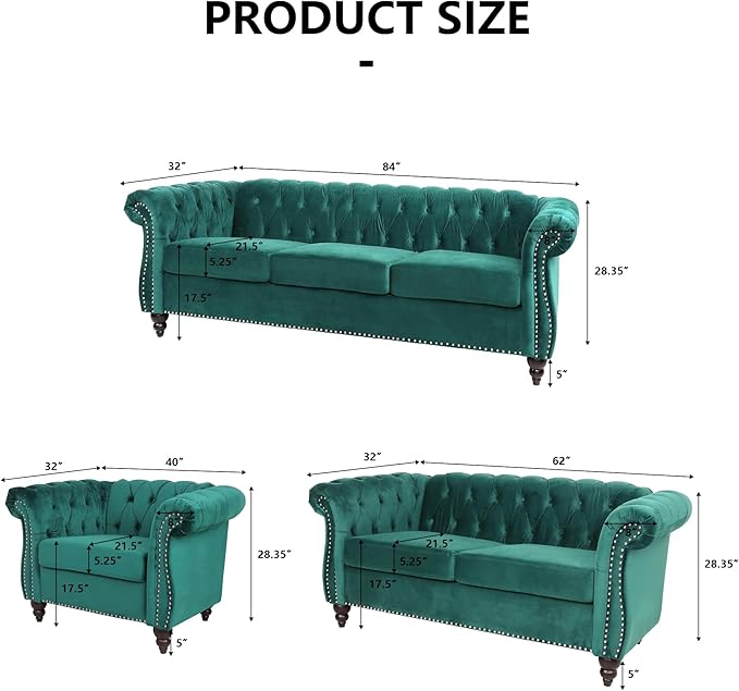 2 Piece Living Room Furniture Set, Velvet Loveseat and Chair Set, Mid Century Modern Upholstered Sofa Couch with Cushions, Comfy Tufted Chesterfield Couches for Living Room, Bedroom, Office