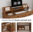 4 EVER WINNER Computer Desk with Drawers for Small Spaces, Wood Desk with File Cabinet & Monitor Stand, Office Desks Writing Study Table for Bedroom, Brown