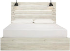 Signature Design by Ashley Cambeck Farmhouse King Panel Platform Bed with 4 Storage Drawers, Cubbies, Sconce Lights and USB Ports, Foundation or Box Spring Not Needed, Whitewash