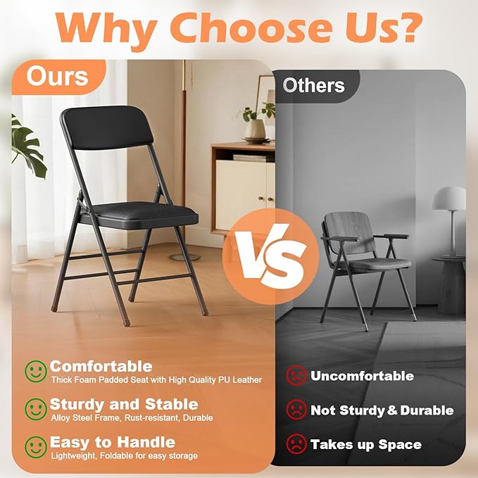 Folding Chairs 4 Pack with Padded Cushion and Back, Metal Folding Chairs with Comfortable Cushion and Durable Steel Frame Capacity for Home, Office, Party and Outdoor Events (PU-Black, 4 Pack)