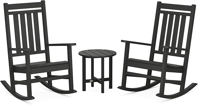 POLYWOOD Estate 3-Piece Rocking Chair Set, Outdoor Patio Furniture, Front Porch Rockers with Side Table, HDPE, Fade-Proof, Black, Made in USA