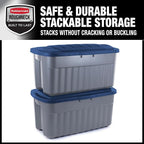 Rubbermaid Roughneck️ 40 Gallon Storage Totes, Pack of 2, Durable Stackable Storage Containers with Hinged Lids, Nestable Plastic Storage Bins for Tools, Toy Storage, Grey and Dark Indigo Metallic