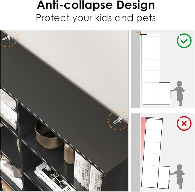 FACBOTALL Bookshelf and Bookcase with Doors, 6 Tier Double Wide Large Bookshelves, Open Display Shelves, 73'' Tall Bookshelf with Storage Cabinets for Home Office, Living Room, Library, Black