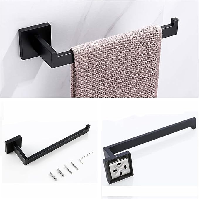 Bathroom Hardware Set Bathroom Accessories Set SUS304 Towel Bar Set Includes Towel Bar Inch+Towel Holder+Toilet Paper Holder+Towel Hook (10, Matte Black-Paper Holer with Cover)