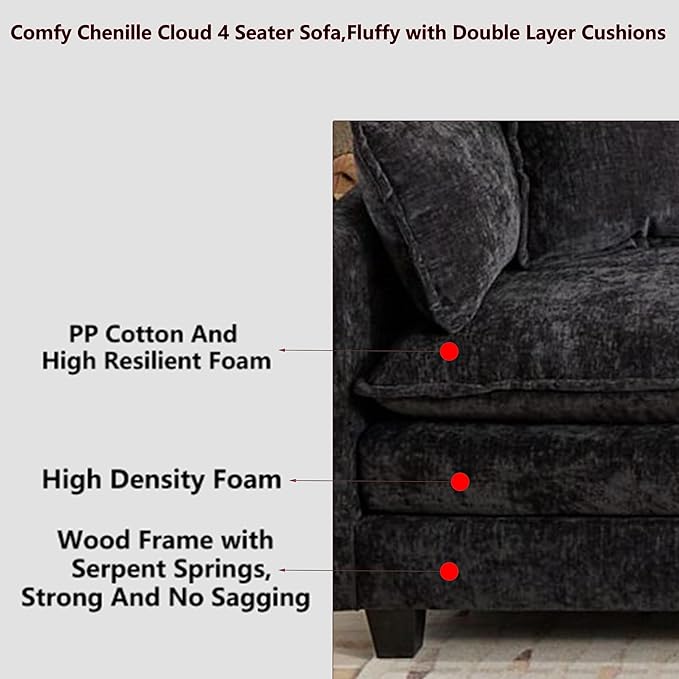 Aoowow Modular Sectional 4 Seater Cloud Sofa Couch for Living Room,149.6" Cloud Sofas with Deep Seat,Modern Chenille 4 Seat Sofas,Fluffy Cloud Couches for Bedroom,Office,Hotel (Black, 4 Seater)