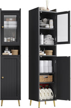 Bathroom Storage Cabinet, Slim Bathroom Storage Cabinet with 6 Shelves & 2 Doors, Linen Cabinet for Bathroom, Kitchen, Laundry Room, Black