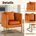 Velvet Modern Accent Chair, Upholstered Barrel Armchair Mid Century with Pillow for Living Room, Comfy Single Vanity Chair with Metal Gold Legs for Bedroom, Orange