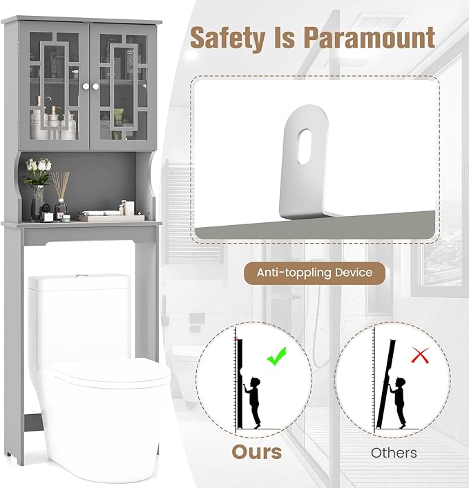 Giantex Over-The-Toilet Storage Space Saver, Bathroom Organizer with Cabinet and Shelf, Above Toilet Standing Rack (Gray)