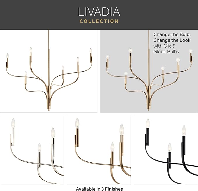 KICHLER Livadia 6-Light Chandelier, Soft Modern-Light in Black, for Foyer, Great Room, or Vaulted Dining or Bedroom (33" x 36.25"), 52673BK