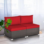 COSTWAY 2PCS PE Rattan Armless Sofa, Wicker Patio Conversation Set Chairs with Soft Cushion, Outdoor Sectional Furniture for Yard, Poolside (Red)