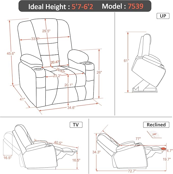 MCombo Large Power Lift Recliner Chair Sofa with Massage and Heat for Big and Tall Elderly People, 3 Positions, Cup Holders, and USB Ports, Faux Leather 7539 (Large, Cream White)