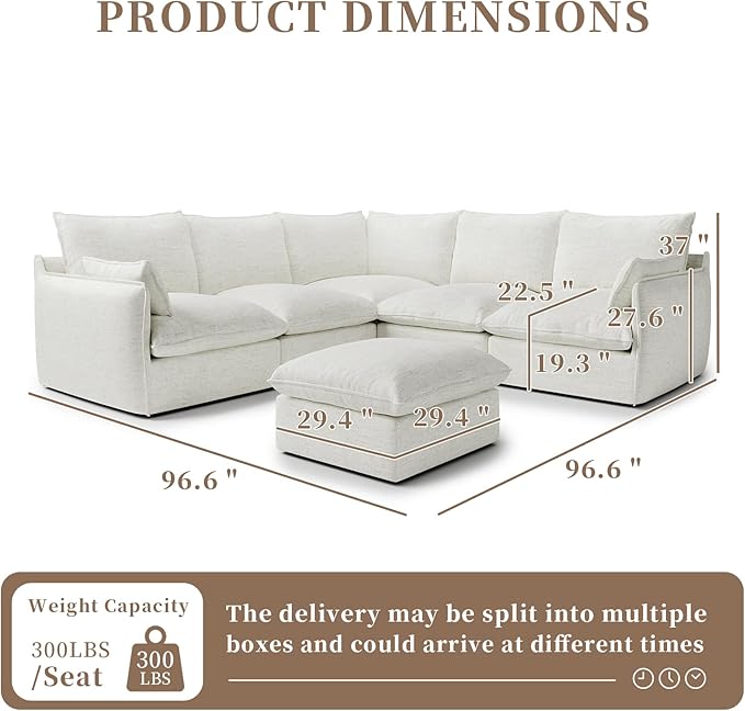 Cloud Sectional Couches for Living Room,High Backrest Down Filled Spill & Stain-Resistant Cloud Couch,6 Seater Oversized Modular V-Shaped Sofas,Removable Washable Cushion Covers,Cream White