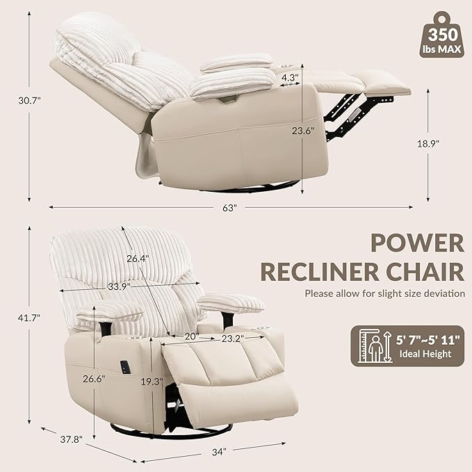 GRAINELL Rocking Chair Nursery, Electric Swivel Recliner Glider with Adjustable Armrests, Nursing Chair with USB Charger, Cup & Blanket Holders, Beige Corduroy & PU Leather