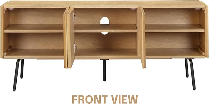 NTC Mossic TV Media Cabinet with 3 Doors for TVs, Entertainment Center with Natural Rattan, Metal Legs, Modern Storage Console for Living Room and Bedroom, Effortless Assembly, Sand