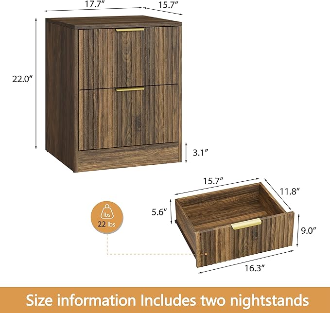 3-Piece Modern Bedroom Furniture Set, Wide 7-Drawer Dresser & 2-Drawer Nightstands Set of 2, Natural Wood Dresser and Nightstand Sets for Bedroom, Hallway, Walnut