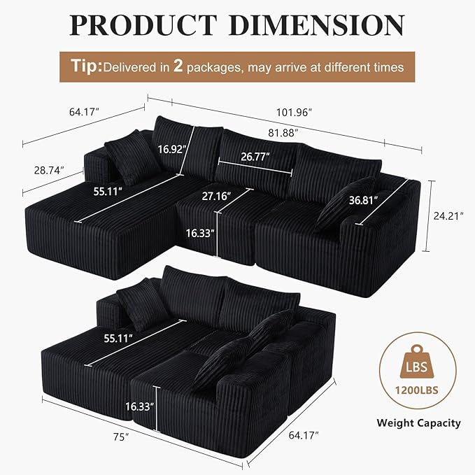 102" Modular Sectional Sofa, L-Shape Cloud Sectional Couch with Deep Seat, 3 Seat Memory Foam Comfy Boneless Couches for Living Room Bedroom, No Assembly Required, Black