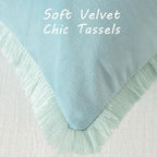 FUTEI Aqua Velvet Decorative Throw Pillow Covers 16x16 Set of 2,Soft Cozy Edge with Tassels Cushion Case,Boho Modern Home Decor for Couch Bed Living Room