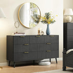 CARPETNAL Fluted 7 Drawer Dresser for Bedroom, 55" Wide Wooden Chest of Drawers with Rounded Corners, Gold Handles, Modern Storage Organizer for Bedroom, Hallway(Black)