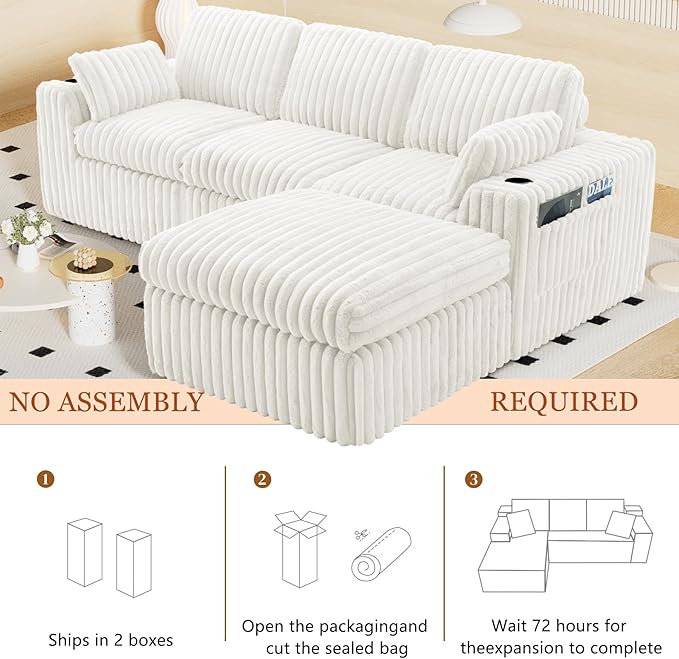 114" Cloud Boneless Sectional Couches for Living Room, Modular Sectional Sofa with Cup Holder, Cozy Fluffy L Shaped Deep Seat Boneless Couch with Storage Pocket, No Assembly Required, White