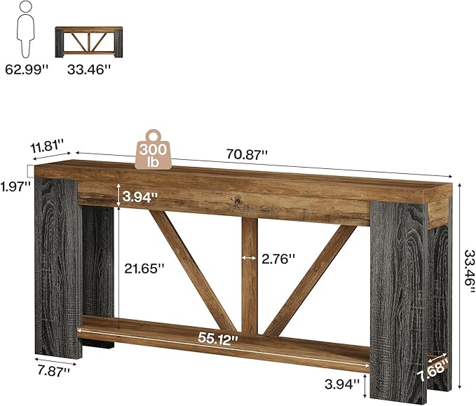 Tribesigns 70.9" Extra Long Entry Table, Farmhouse Wood Console Table with Storage, Modern Accent Sofa Table Behind Couch Foyer Tables for Entryway, Living Room, Entrance, Rustic Brwon